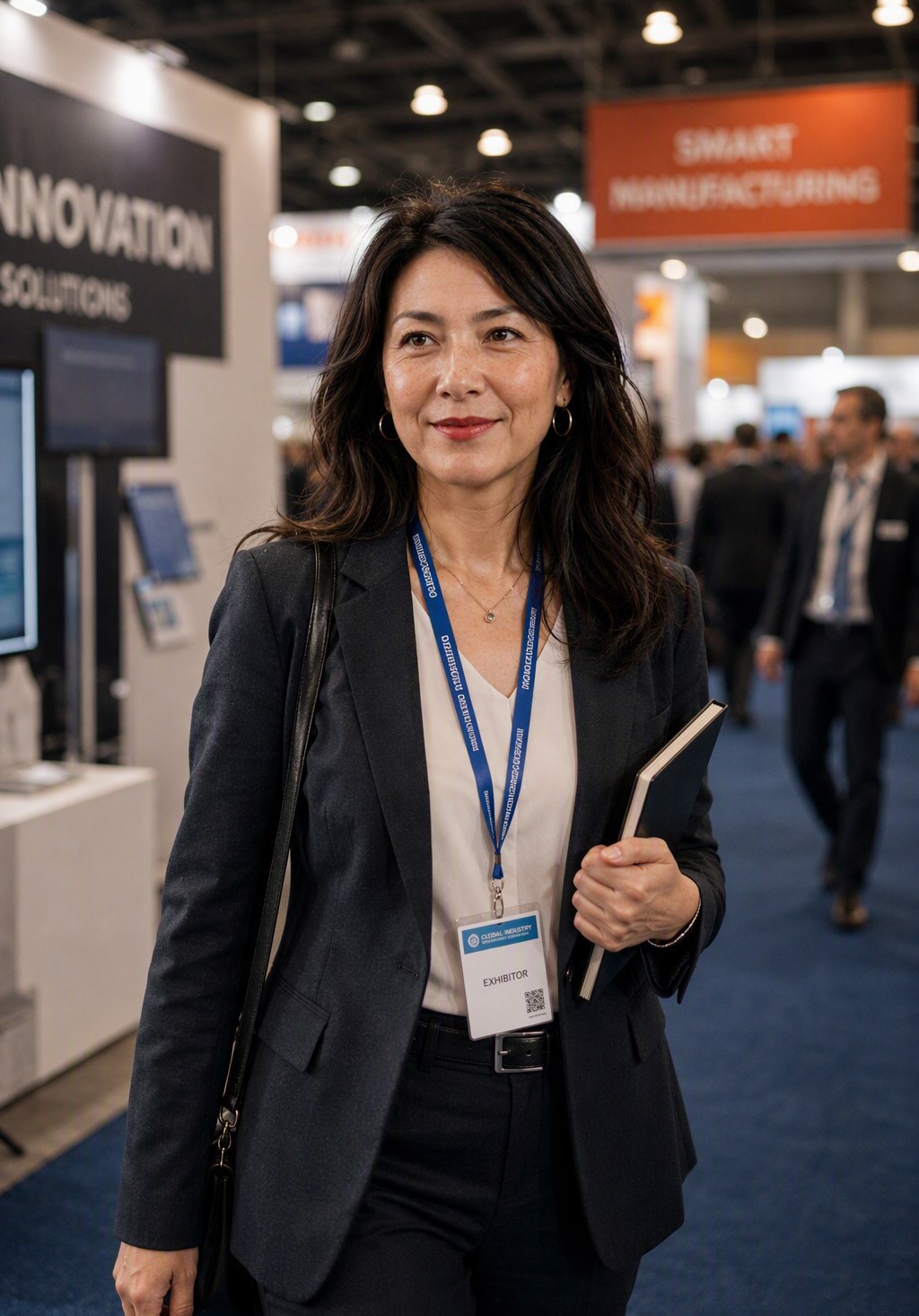 Ana Xu caminando por un pasillo de la Feria de Cantón con credencial al cuello y cuaderno en mano