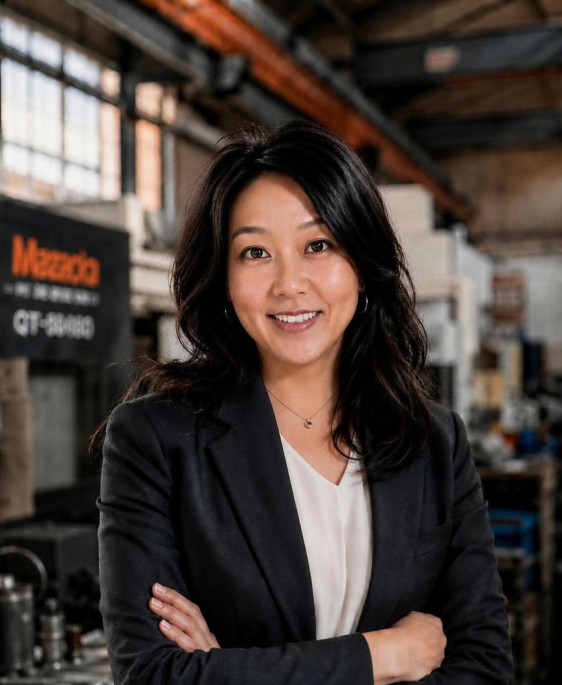 Ana Xu mirando a cámara en una fábrica auditada de Guangdong